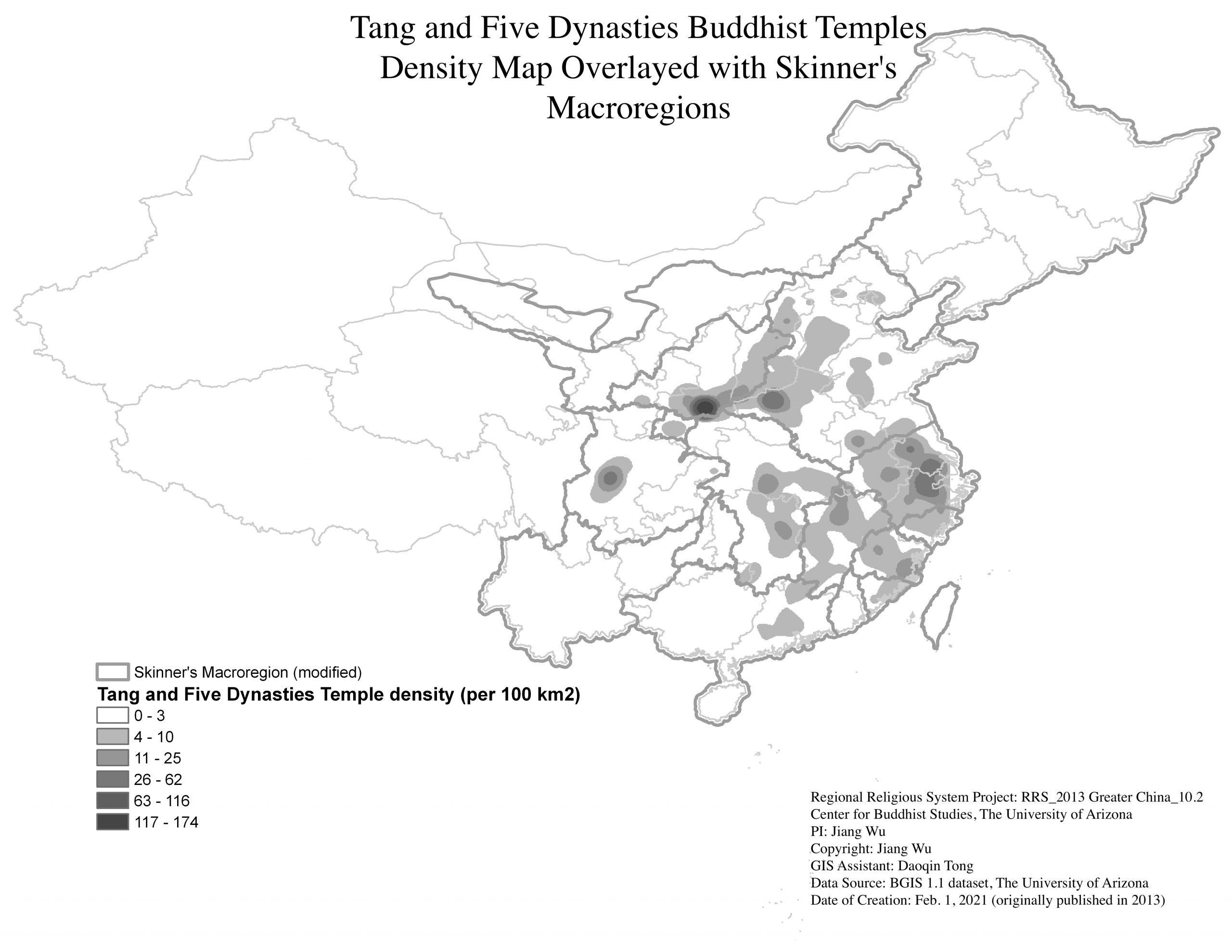Tang and Five Dynasties Buddhist Temples Density Map Overlayed with Skinner’s Macroregions