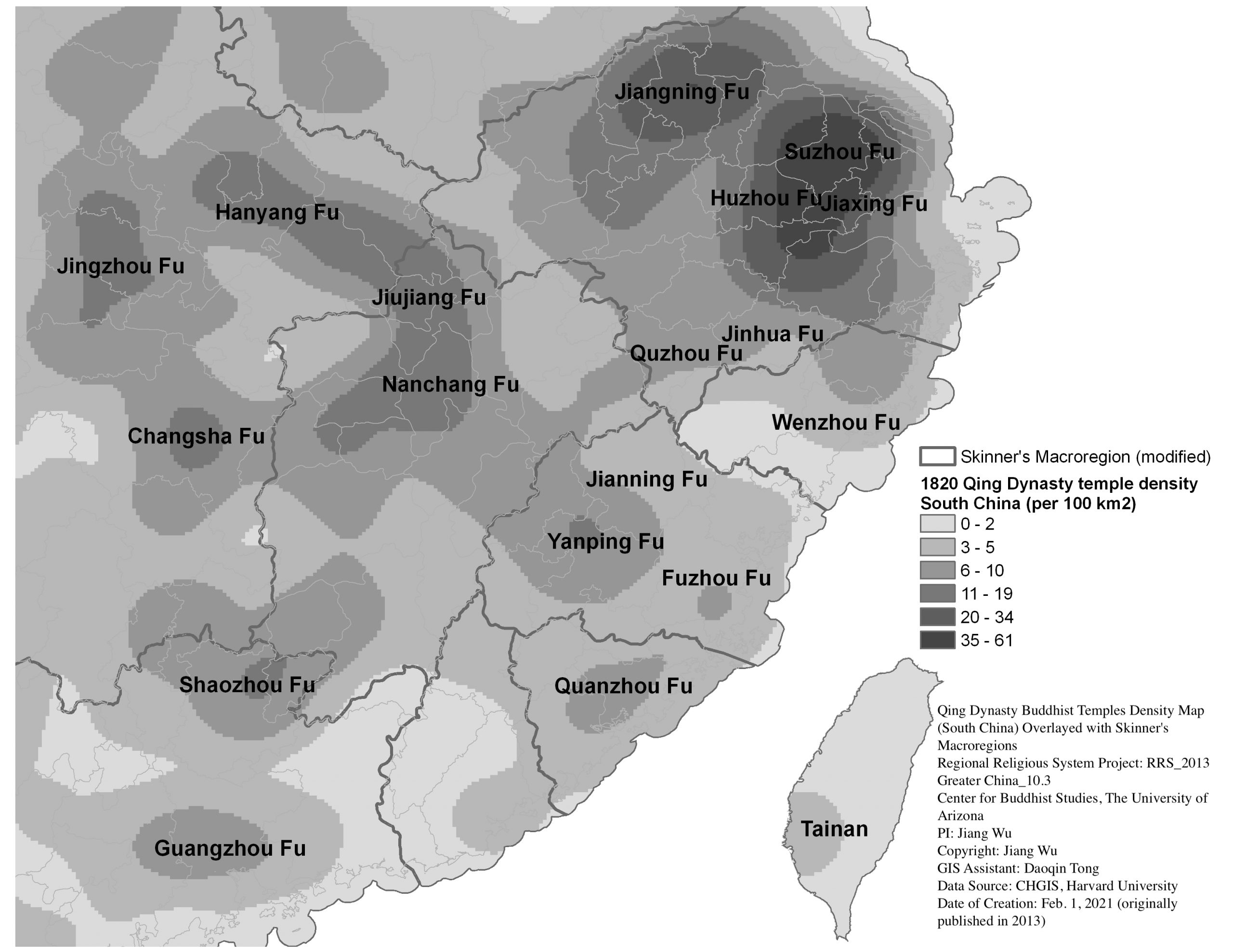 Qing Dynasty Buddhist Temples Density Map (South China) Overlayed with Skinner’s Macroregions