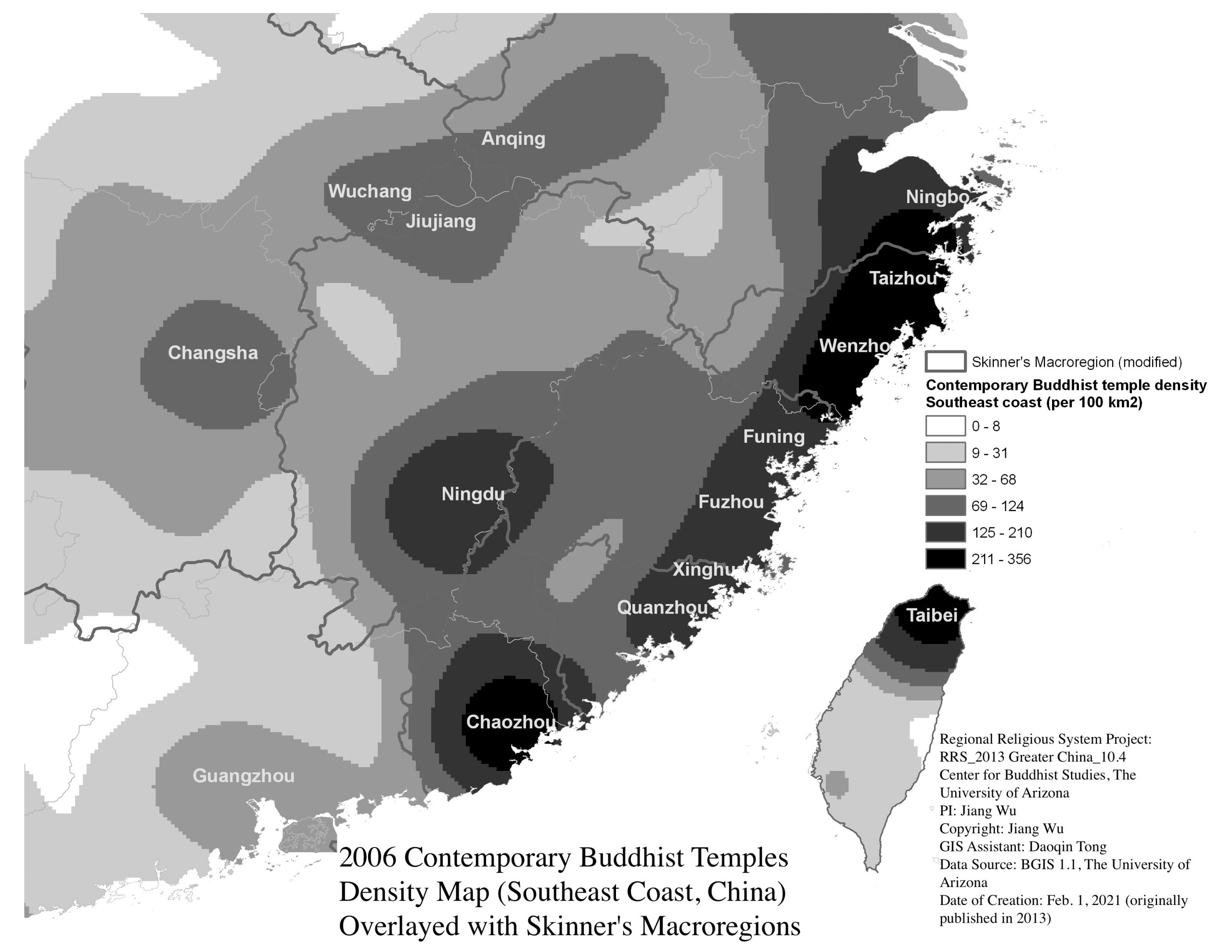 2006 Contemporary Buddhist Temples Density Map (Southeast Coast, China) Overlayed with Skinner’s Macroregions