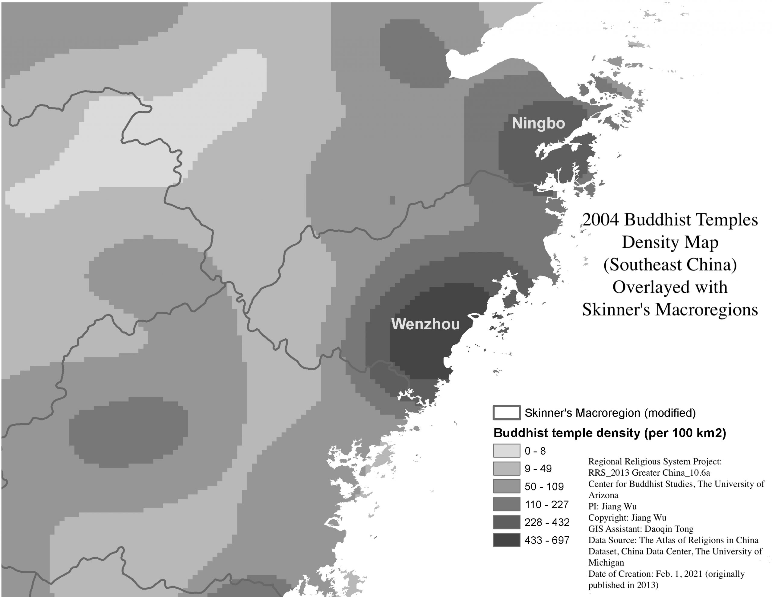 2004 Buddhist Temples Density Map (Southeast China) Overlayed with Skinner’s Macroregions