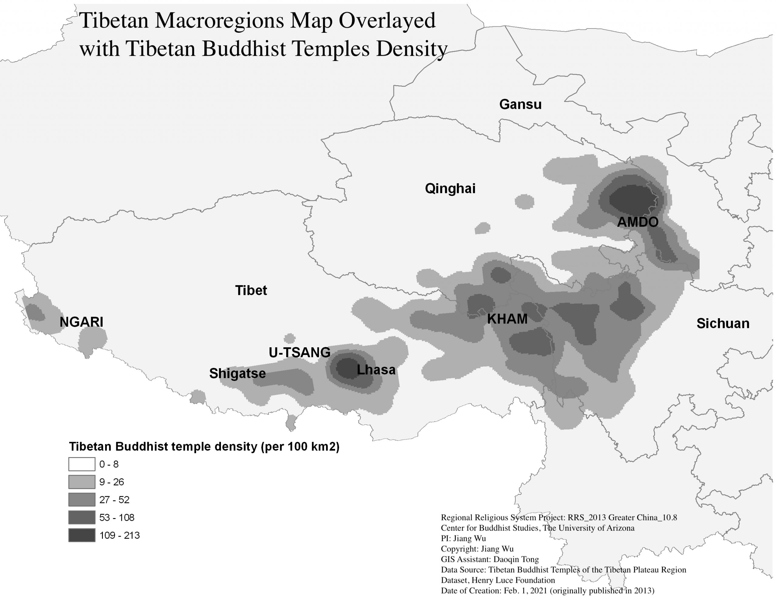 Tibetan Macroregions Map Overlayed with Tibetan Buddhist Temples Density