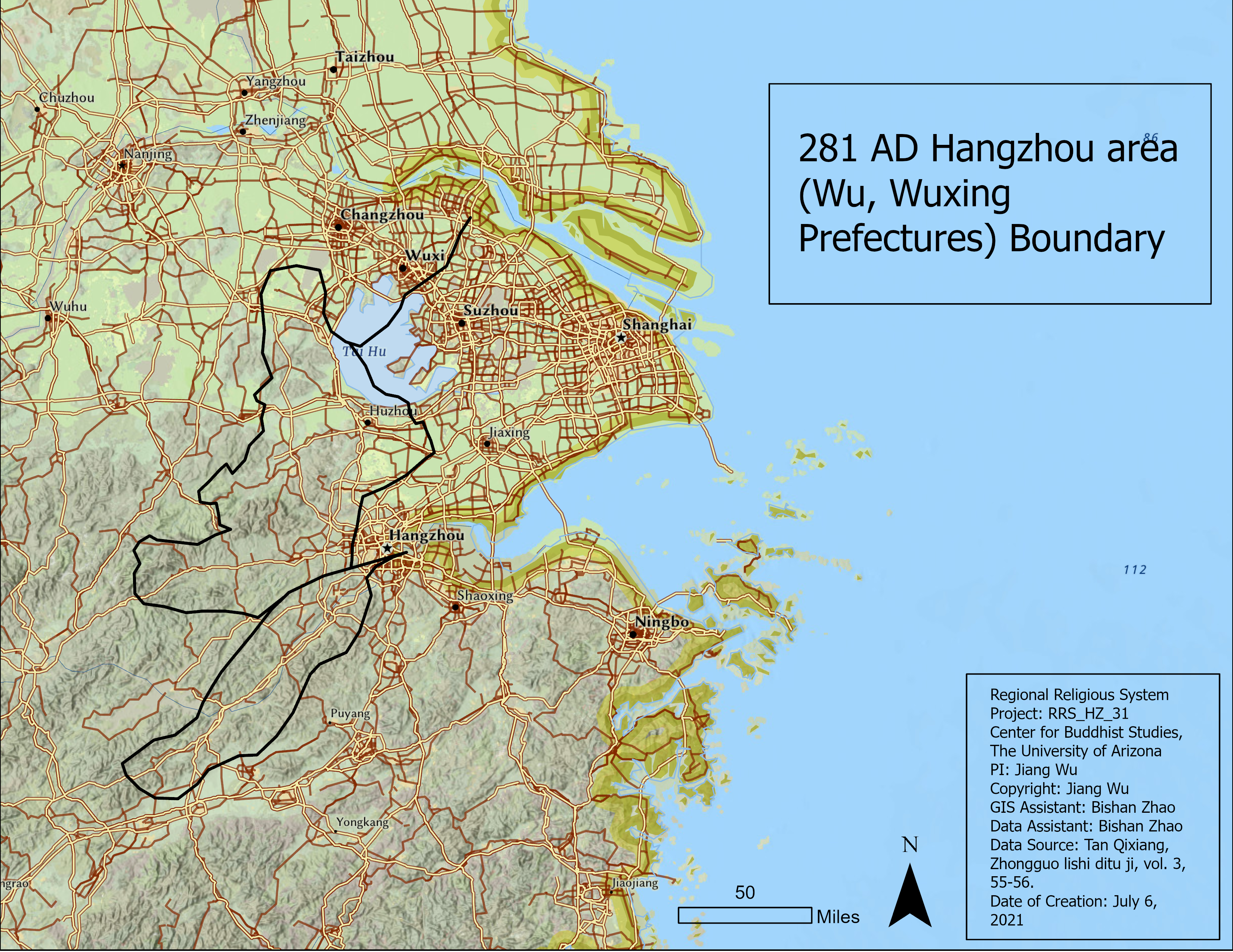 281 AD Hangzhou area (Wu, Waxing prefectures) Boundary